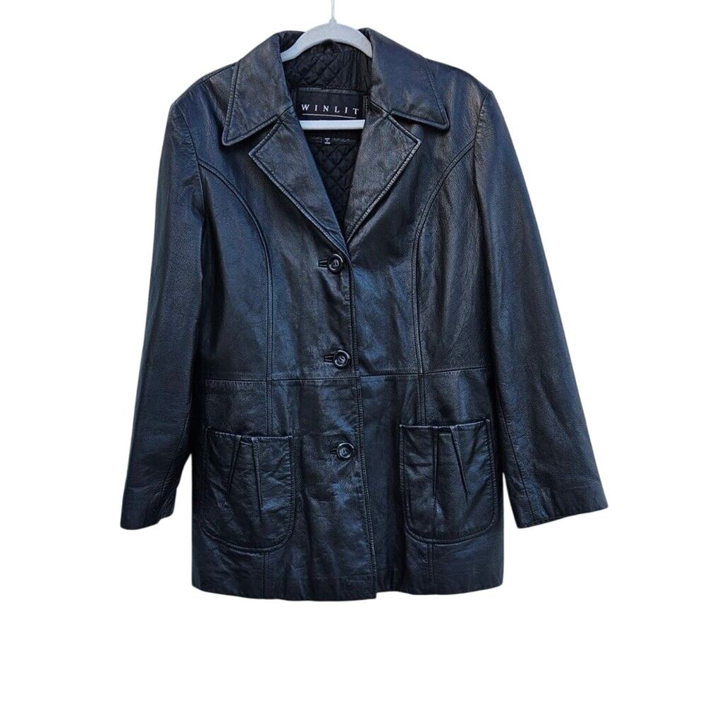 Vintage Leather Jacket Womens Large Black Oversized Quilted Boxy Long Pockets
